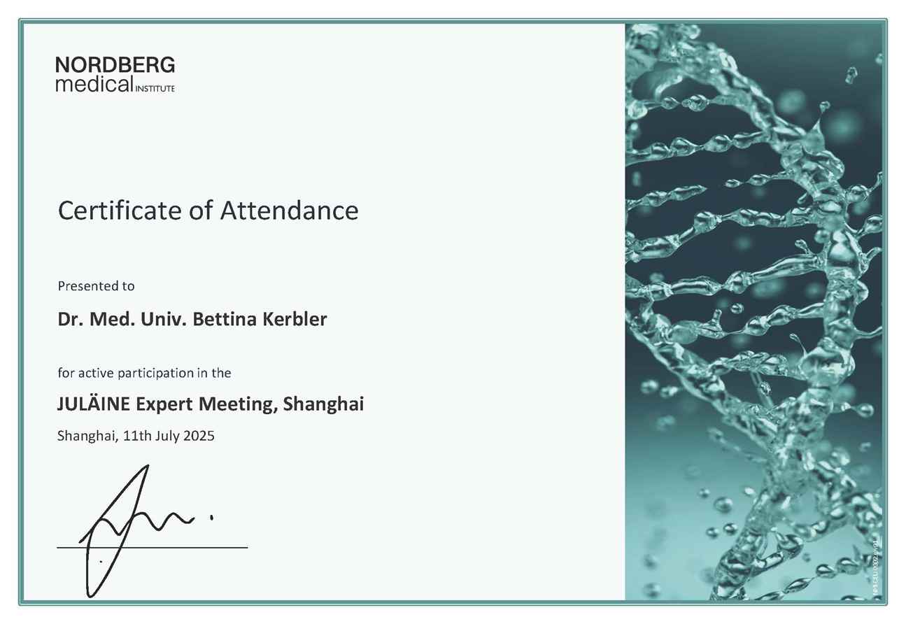 Certificate of Attendance - Nordberg Medical Institute for JULÄINE Expert Meeting Shanghai July 2025 Certificate of Attendance - Nordberg Medical Institute for JULÄINE Expert Meeting Shanghai July 2025